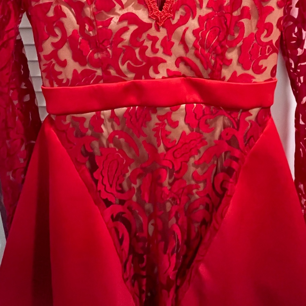 NWOT Low Cut  Red Lace Long Sleeve Dress With Nude Lining HOT HOT HOT - Picture 16 of 16